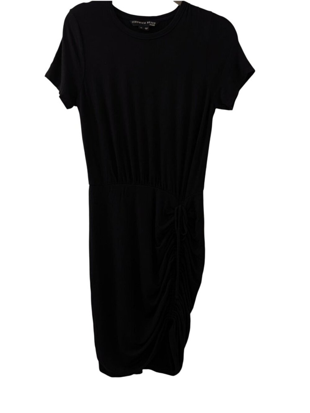 Veronica Beard Hannock Black Ruched Drawstring Dress XS Modal Blend Short Sleeve